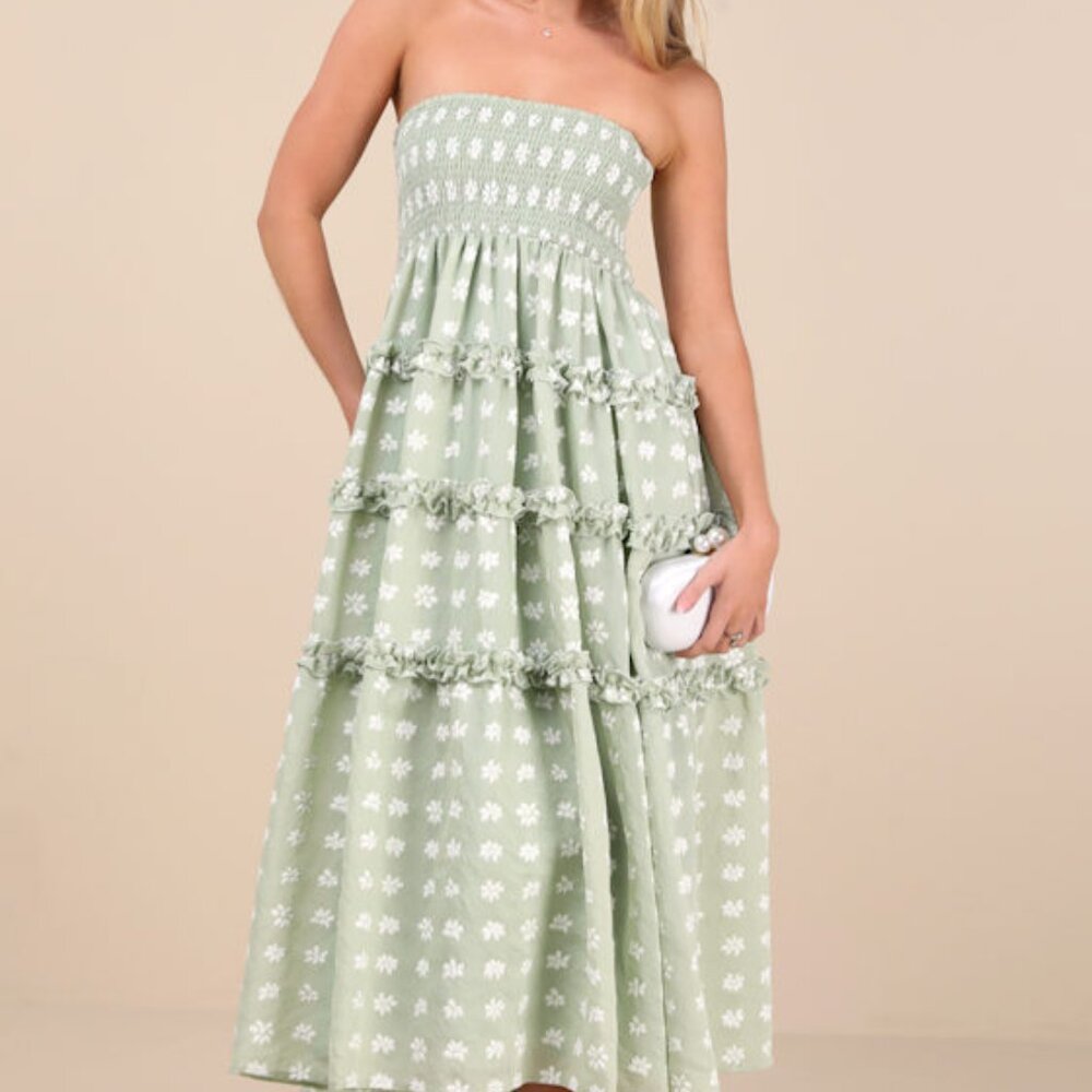 Lulus Beautiful Sentiments Sage Floral Strapless Tiered Midi Dress Green